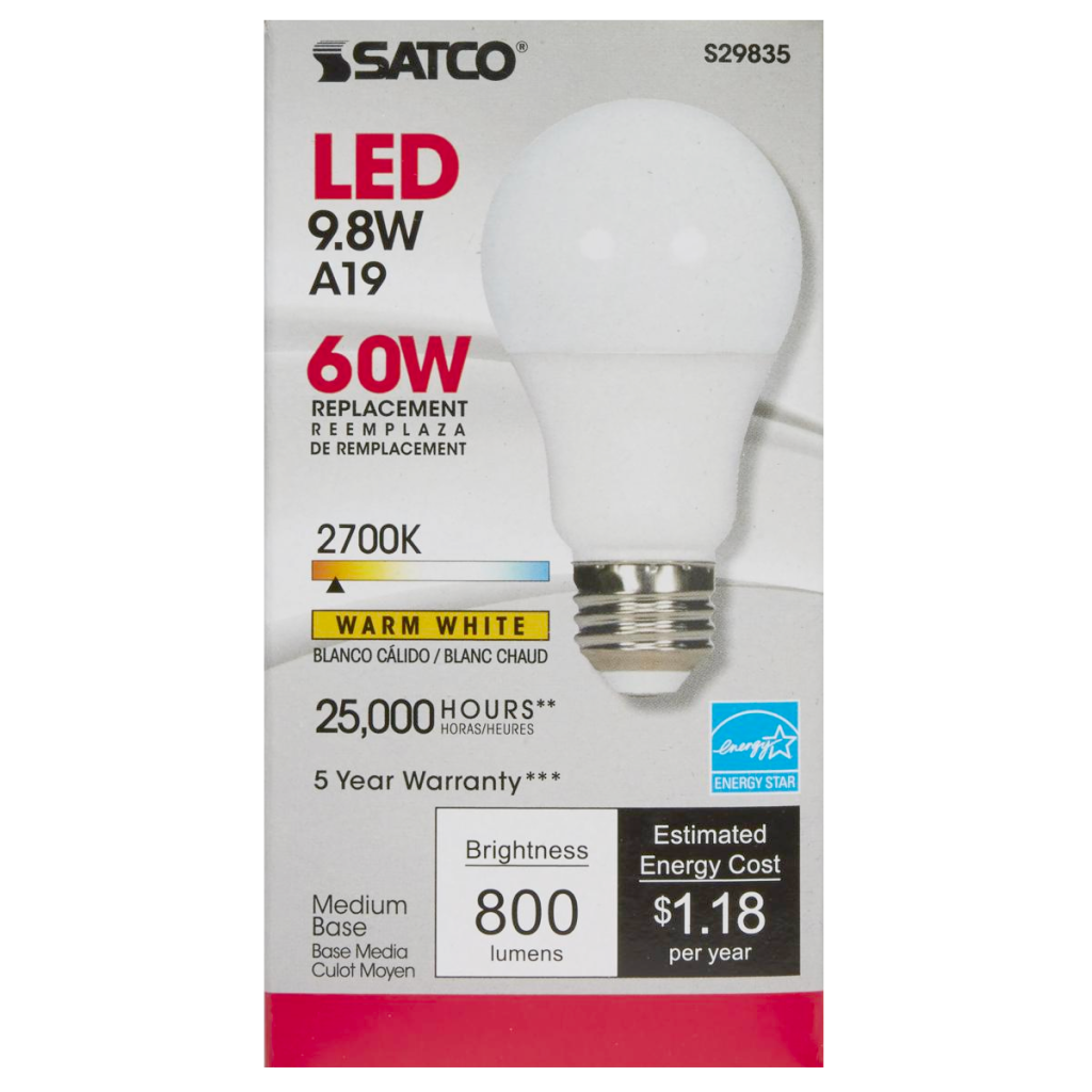 SATCO 9.8W [60W] A19 OMNI LED 2700K E26 BASE DIMMABLE 120V - Atlantic ...